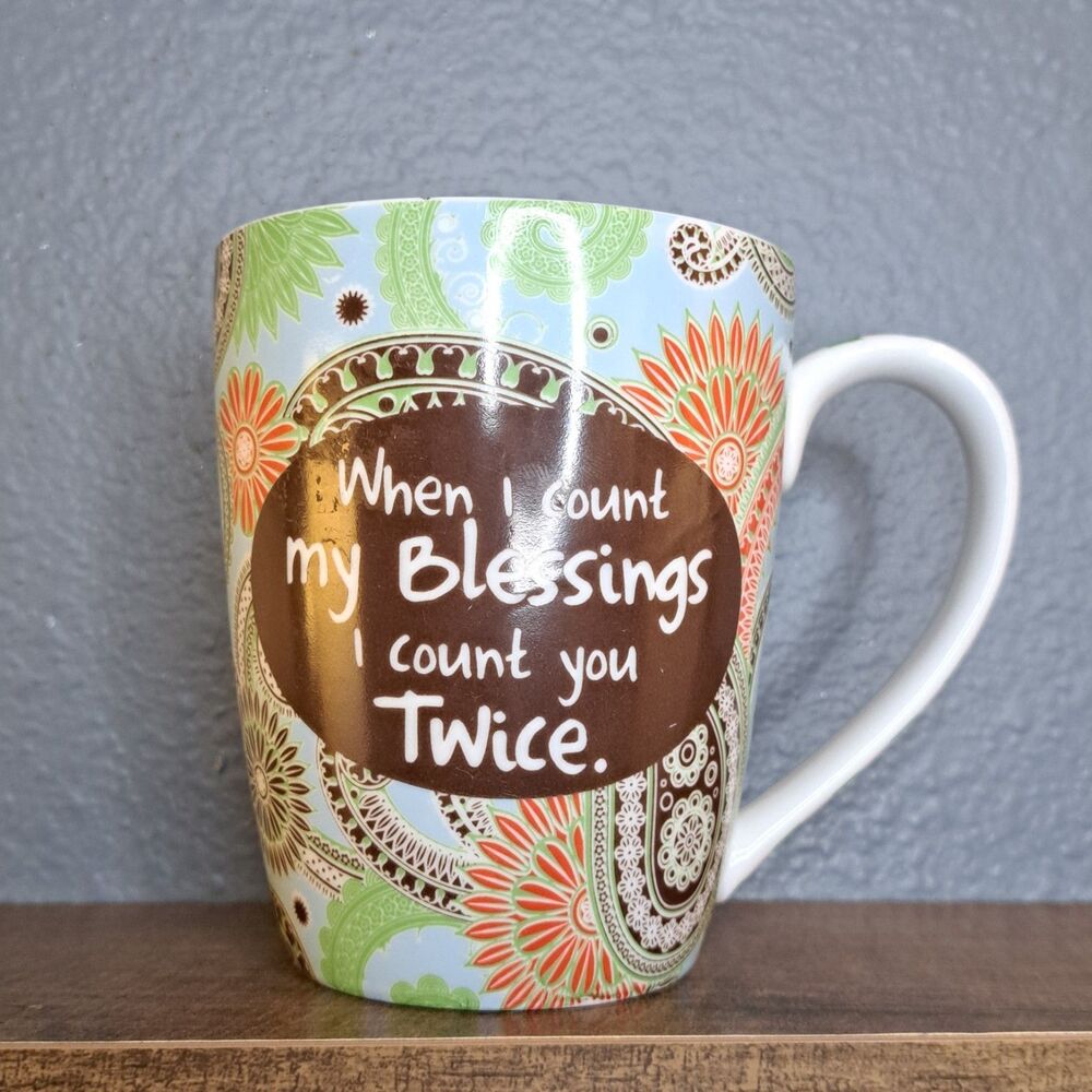 Mud Pie "Count Your Blessings" Coffee Cup Pretty Paisley Print